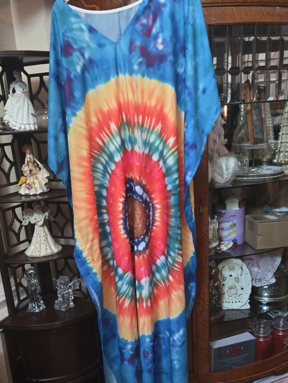 Tie-Dye Vivid Caftan Dress in Blue, Red, Orange
